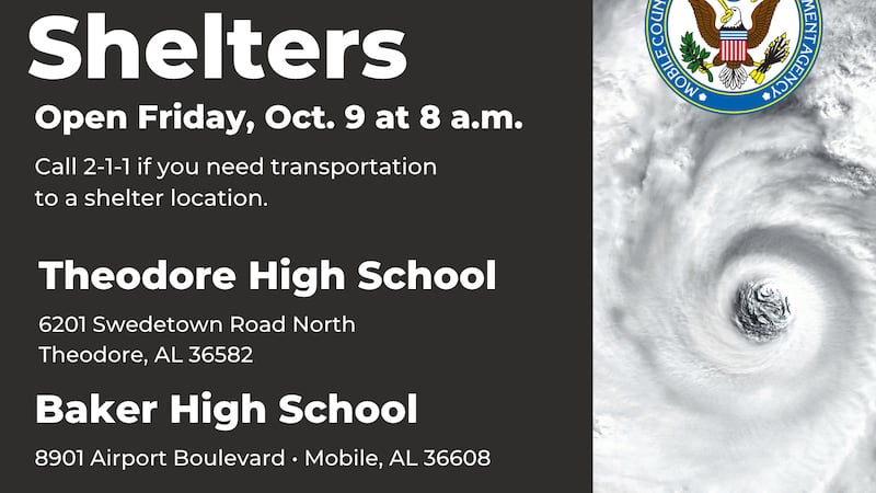 Three public shelters will open in Mobile County at 8 a.m. Friday ahead of Hurricane Isaias